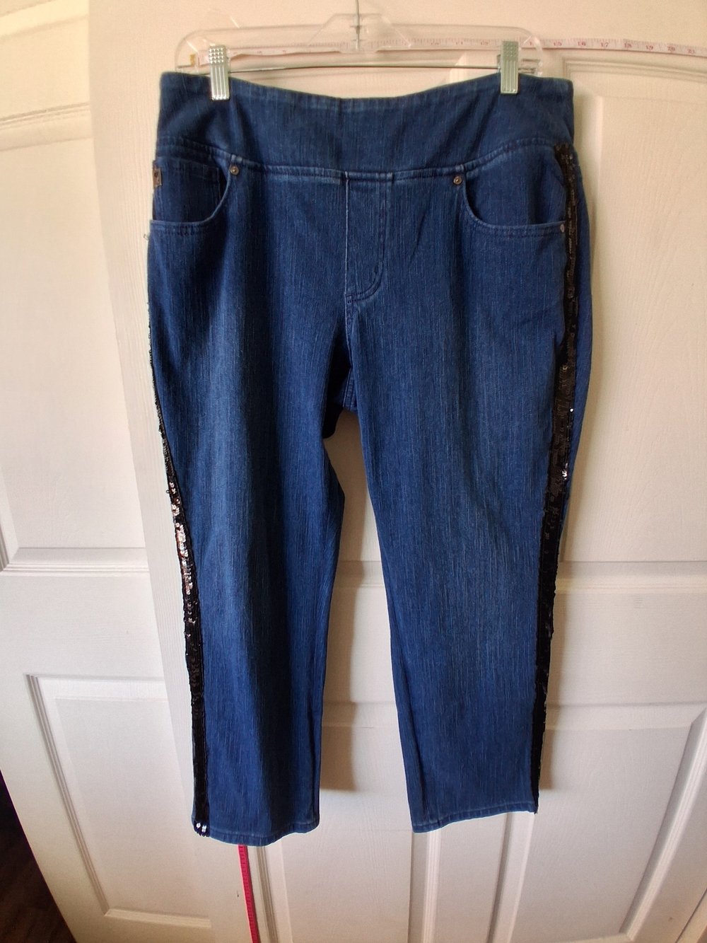 Belle by Kim Gravel Dark Blue Ankle Jeans with Black Sequin Side Trim